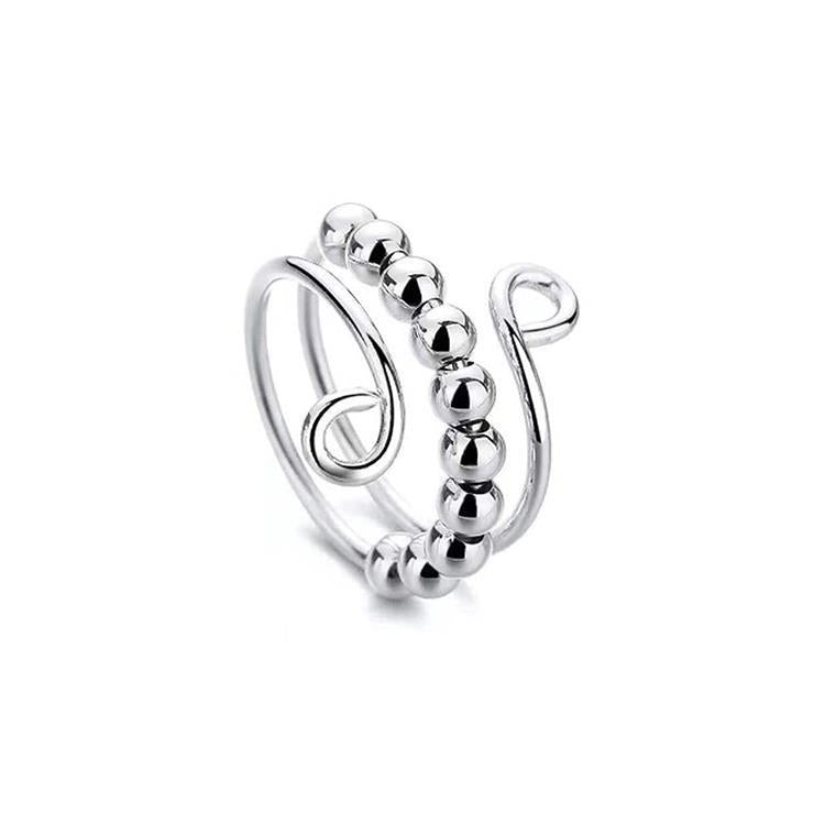 Silver tone spinner bead ring, slim double band with round beads and spiral open adjustable ends