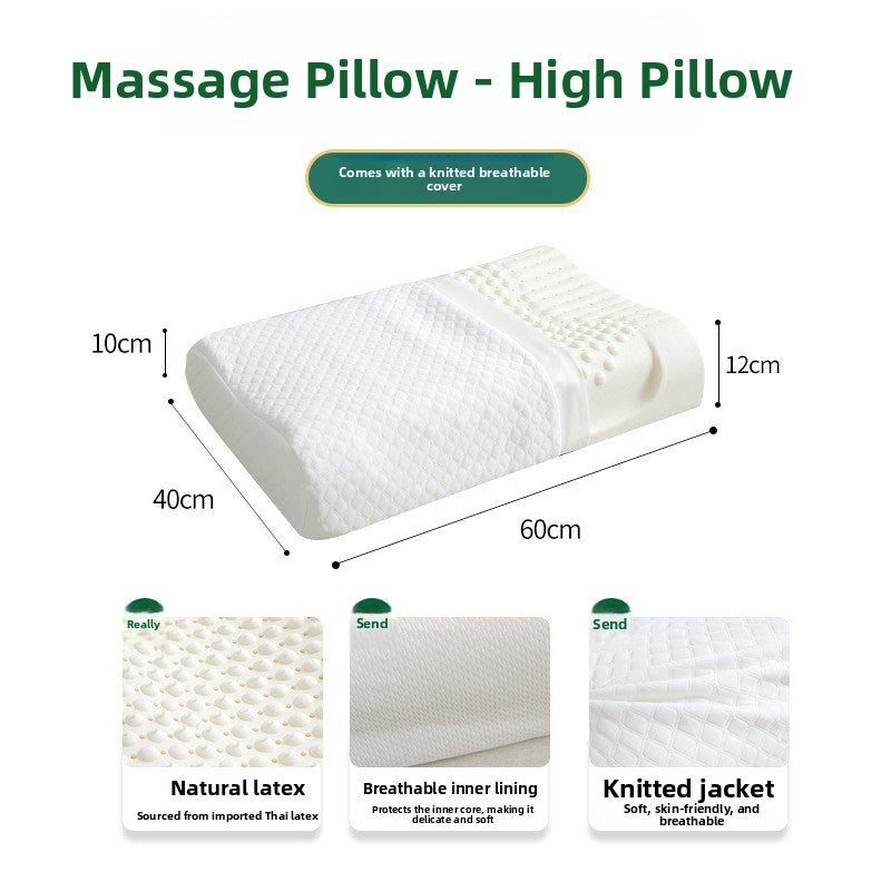 Diagram of the adult massage latex pillow at 40 by 60 cm with natural latex and cover callouts