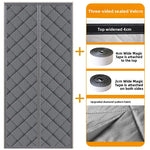 gray quilted thermal door curtain hung over a doorway with a center walk through split