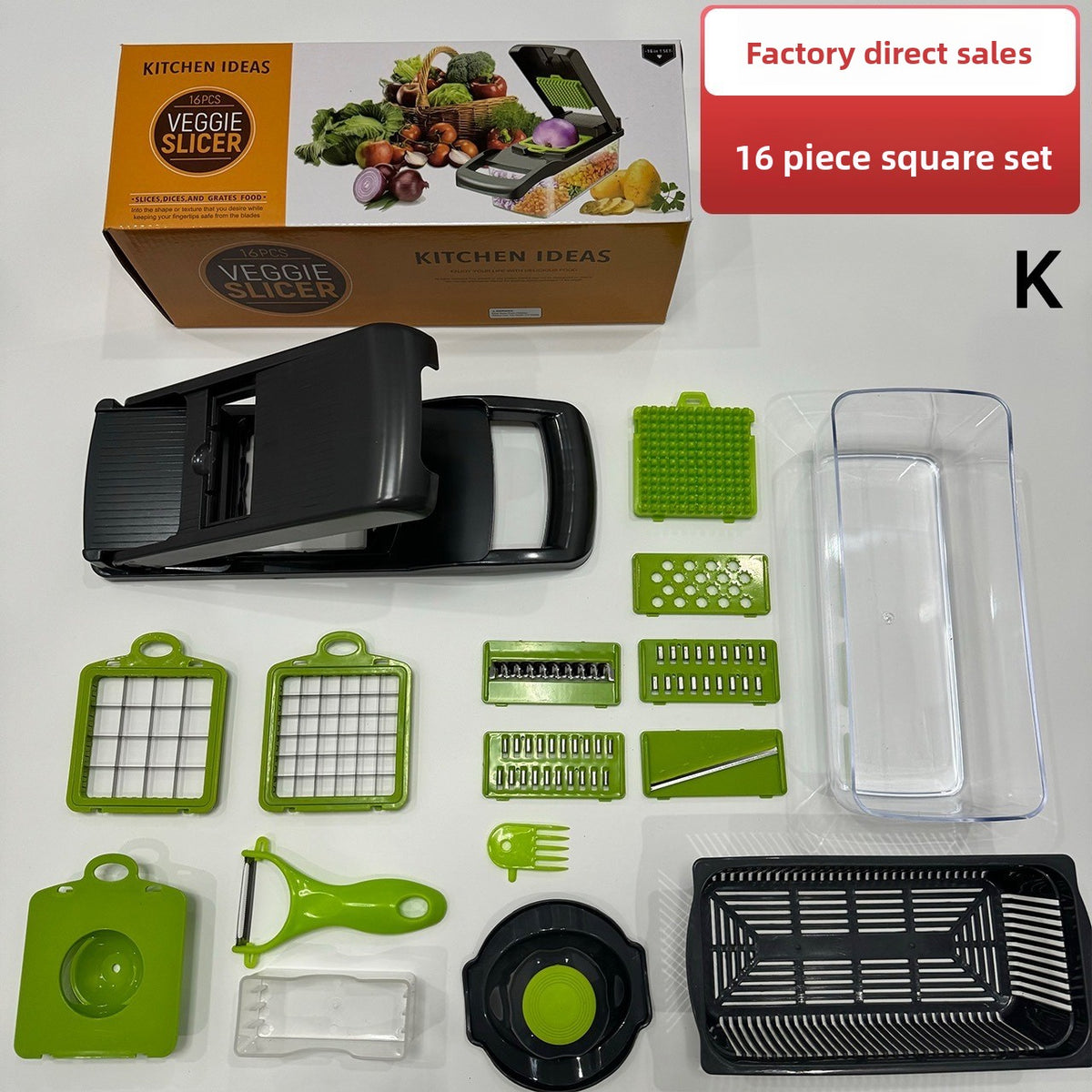 Sixteen piece square vegetable chopper set with box, blades, basket and container