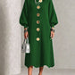 Green option, size S: long ribbed knit dress with polo collar, balloon sleeves and large gold-tone buttons