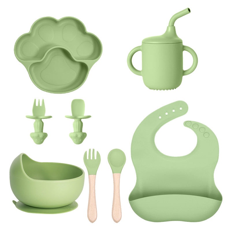 Green 8-piece set 2 with a paw plate, a cup with a straw, a bowl, utensils and a bib