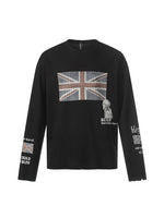 Black long sleeve t-shirt with a Union Jack print, a small figure and lettering, front view