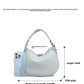 Crescent leather bag with size lines: 25 cm base, 18 cm height, 7 cm width and a phone for scale