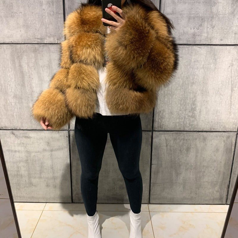 Natural Brown cropped banded fur coat, 4-Sleeve 4-Section layout, size XL
