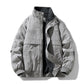 Light gray padded bomber jacket with fleece lined stand collar, snap placket and ribbed cuffs, front view, size L