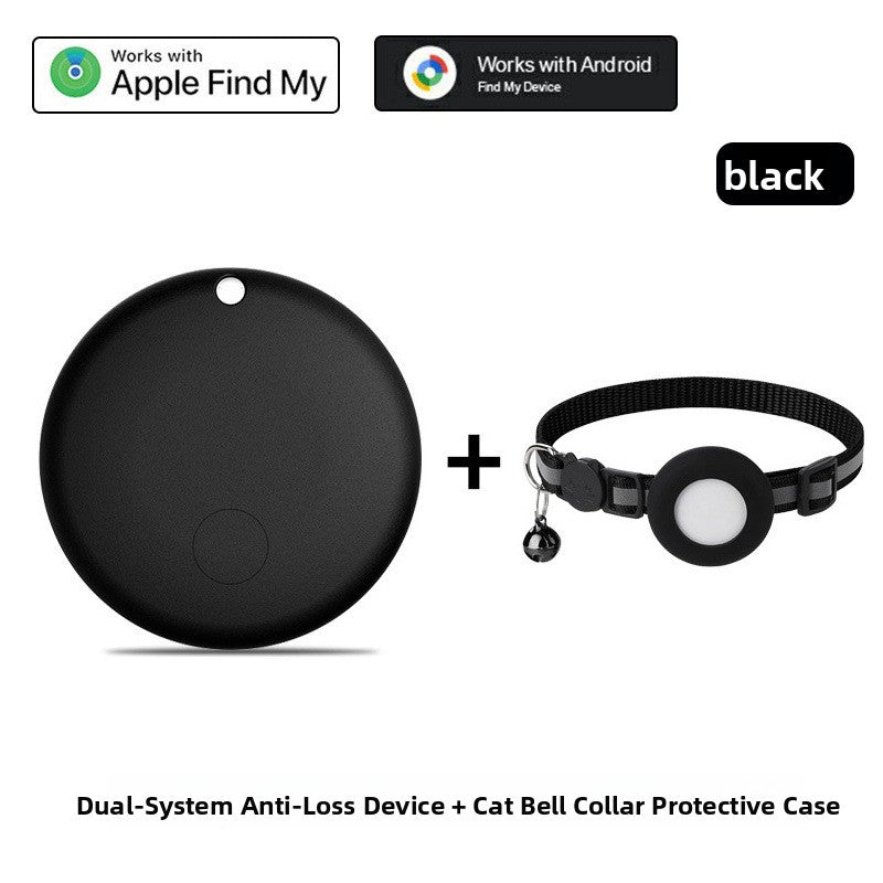F08 Black with a cat bell collar protective case, black tracker next to a black collar with a bell
