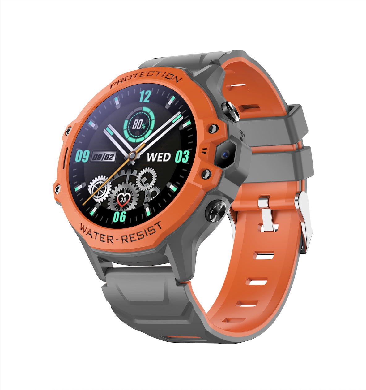 Orange kids smart watch option photo with an analog style watch face and a grey and orange wristband