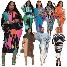 Womens Pleated Batwing V Neck Abstract Print Midi Dress