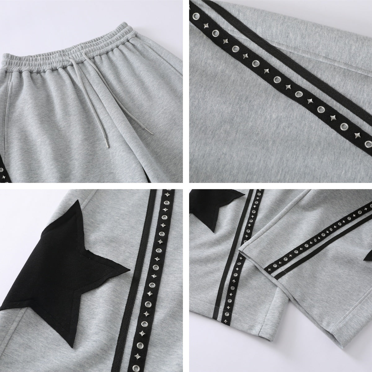 Star patch drawstring pants side profile showing relaxed tapered leg shape