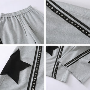 Star patch drawstring pants side profile showing relaxed tapered leg shape