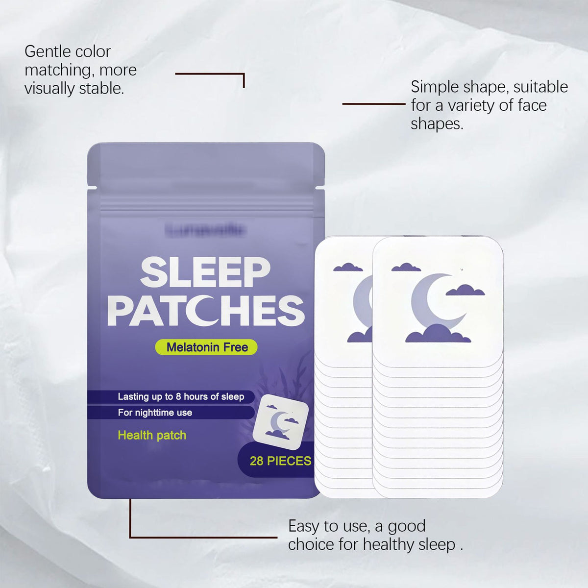 White moon printed adhesive sleep patch shown close up, melatonin free