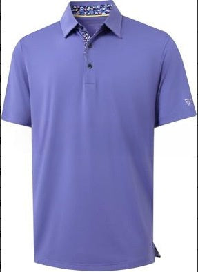 Men's short sleeve polo shirt with a solid body and a printed contrast collar, fitted cut in light polyester
