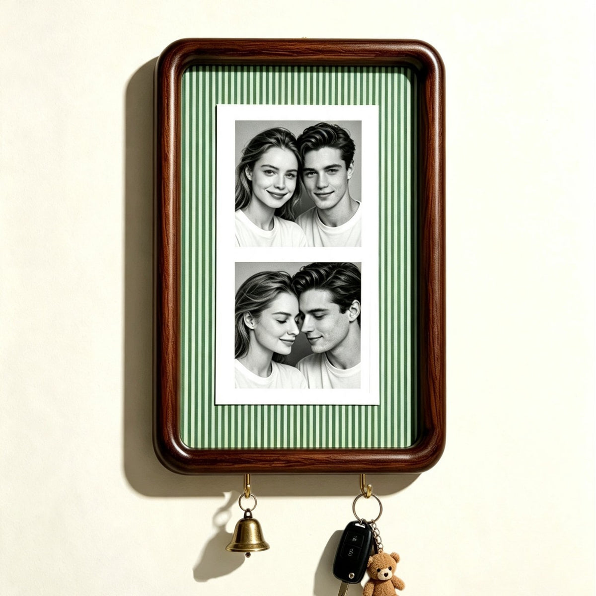 Option 6inch Hook Style 3: dark wood wall photo frame with fine green striped backing and two key hooks