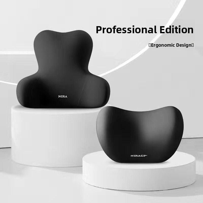 Black ergonomic lumbar cushion and neck pillow set shown on white display