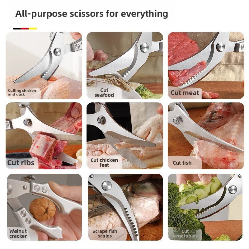 Kitchen shears cutting chicken, seafood, meat, ribs, fish and vegetables, plus a nutcracker and fish scaler