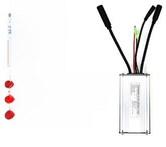 Small composite view of the finned e-bike controller with its connector leads fanned to one side