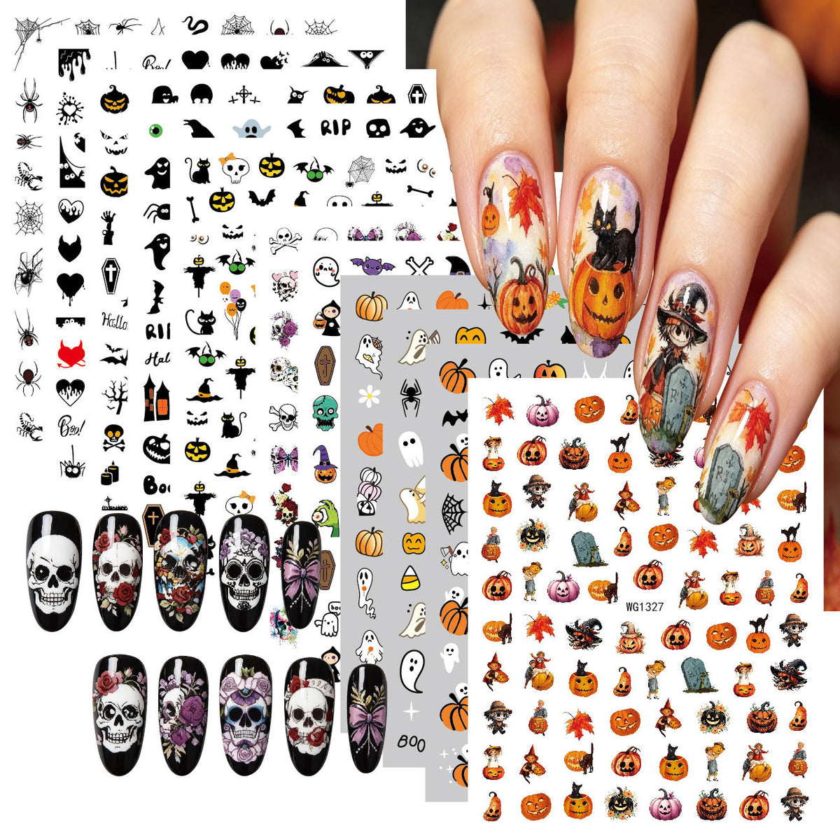 Self adhesive Halloween nail art stickers with pumpkin, skull and ghost designs
