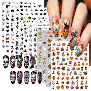 Self adhesive Halloween nail art stickers with pumpkin, skull and ghost designs