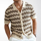 Brown and cream pointelle knit polo shirt with soft spread collar