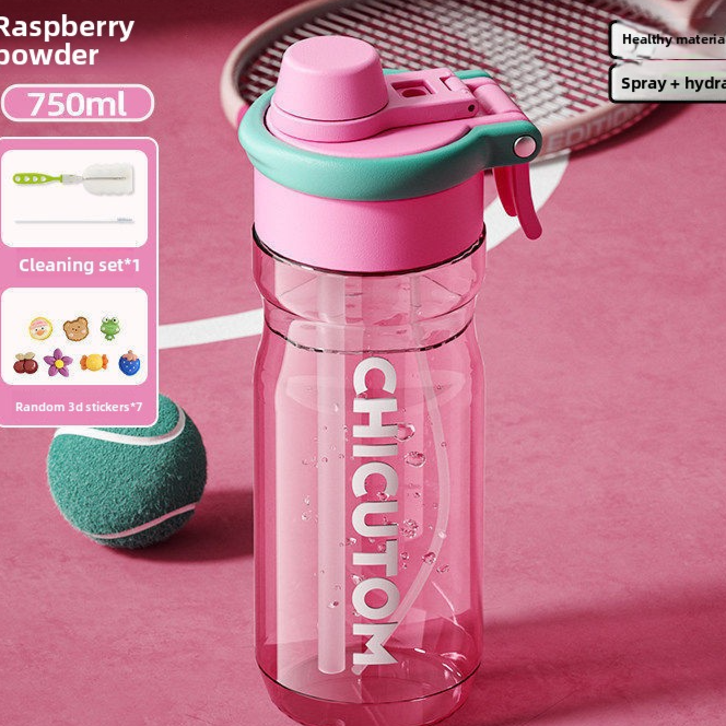 Raspberry pink 750 ml sports water bottle with mint collar and internal straw on a pink court
