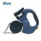 Blue dual retractable pet leash with black grip pad, bone shaped bag opening and two metal snap hooks