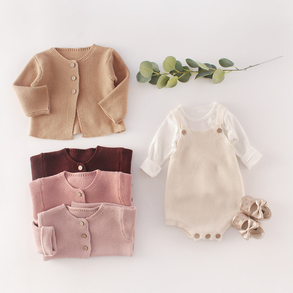 Infant knitted romper side profile showing the close knit body