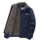 Khaki mens cotton jacket with a wide fleece turn down collar and buttons