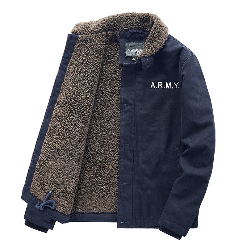 Khaki mens cotton jacket with a wide fleece turn down collar and buttons