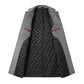 Gray long coat opened flat showing the black quilted lining with red piping and red-trimmed inner pockets
