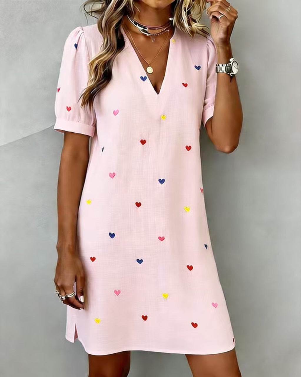 Printed dress angled styling view worn for a casual daytime look