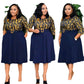Navy belted midi dress with printed bodice and pleated swing skirt shown from three angles