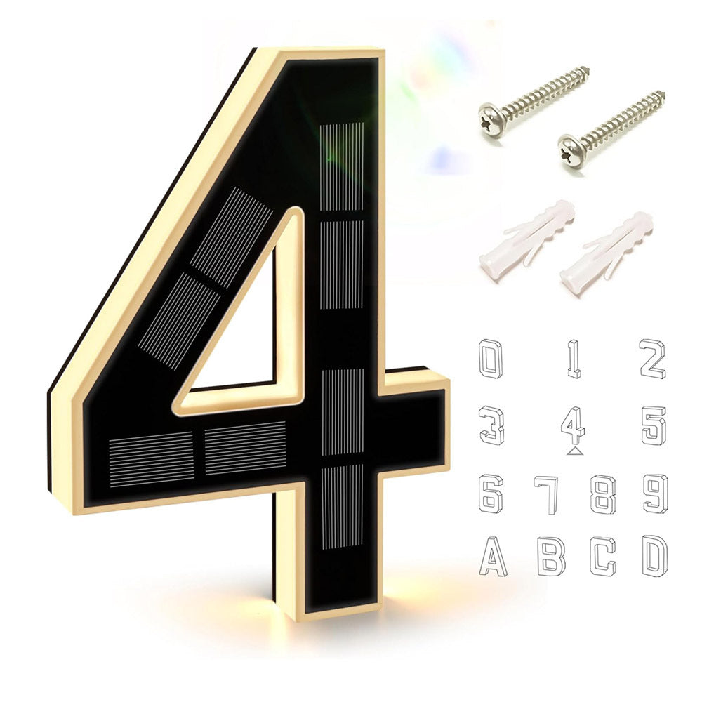 Black and gold solar LED house number 4 shown with two screws, two wall anchors and the full character chart