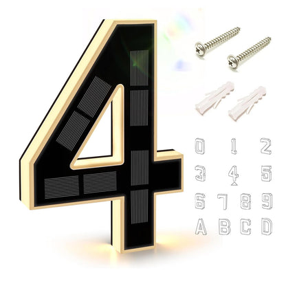 Black and gold solar LED house number 4 shown with two screws, two wall anchors and the full character chart