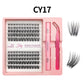 Lash cluster style CY17 in a 10 row tray with dual-ended glue pen, tweezers and a close-up of the cluster shape