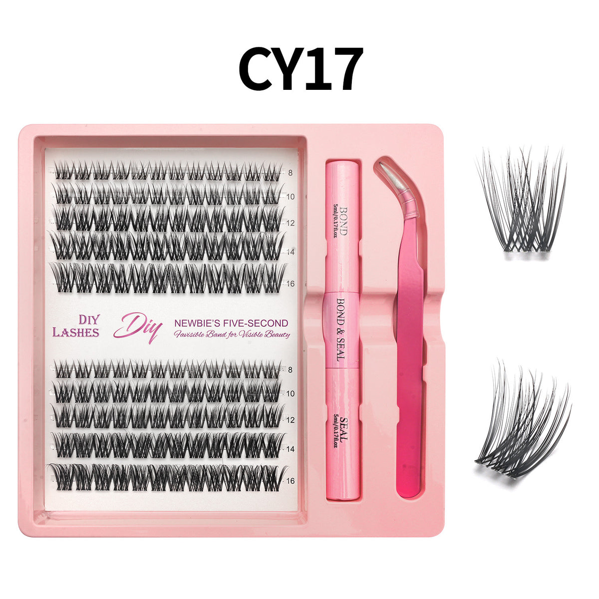 Lash cluster style CY17 in a 10 row tray with dual-ended glue pen, tweezers and a close-up of the cluster shape