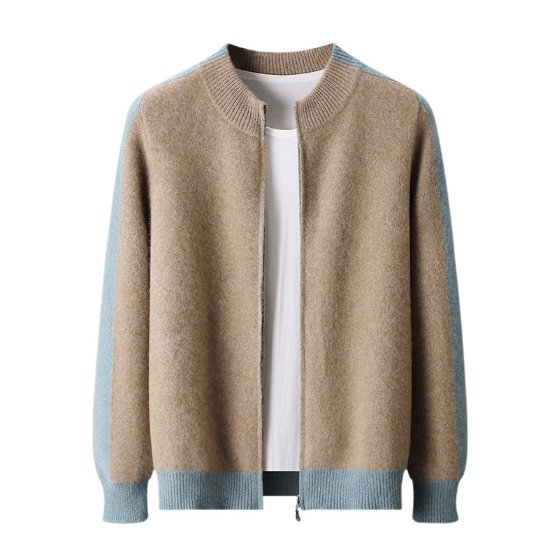 Camel wool zip cardigan with light blue sleeves and hem band over a white tee on a white background