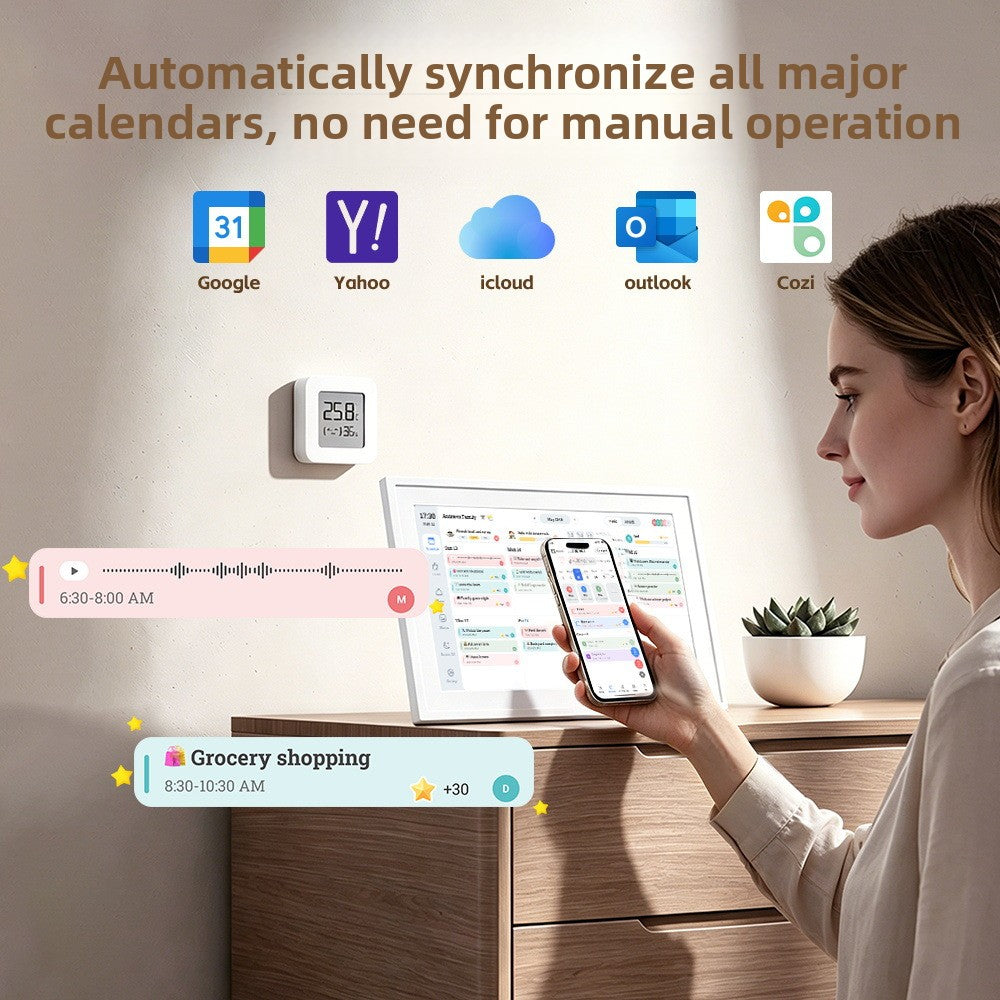 Digital family calendar syncing with Google, iCloud, Outlook and Cozi calendar apps over WiFi