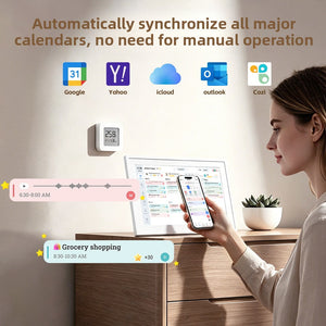 Digital family calendar syncing with Google, iCloud, Outlook and Cozi calendar apps over WiFi