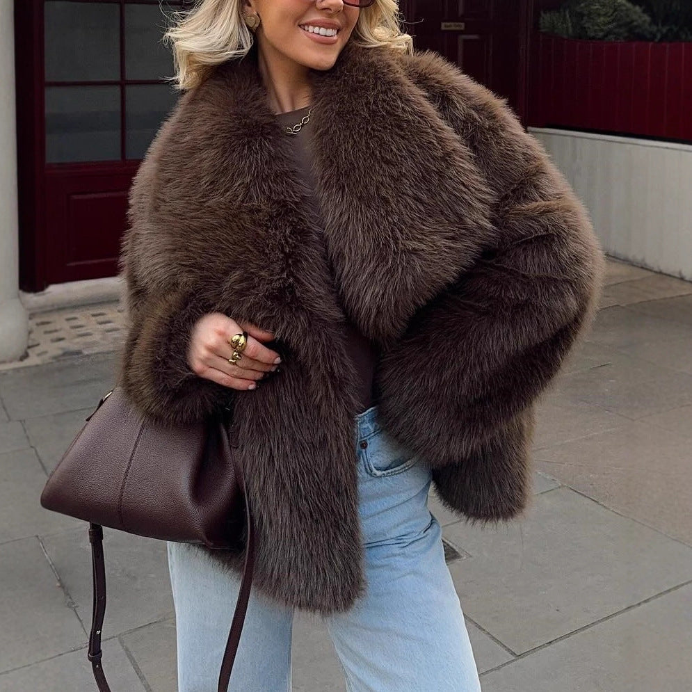 Dark brown vegan fur lapel jacket on a model with jeans, option Dark Brown, size XS