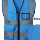 Medium blue mesh reflective work vest with perforated fabric, D-ring and flap pockets