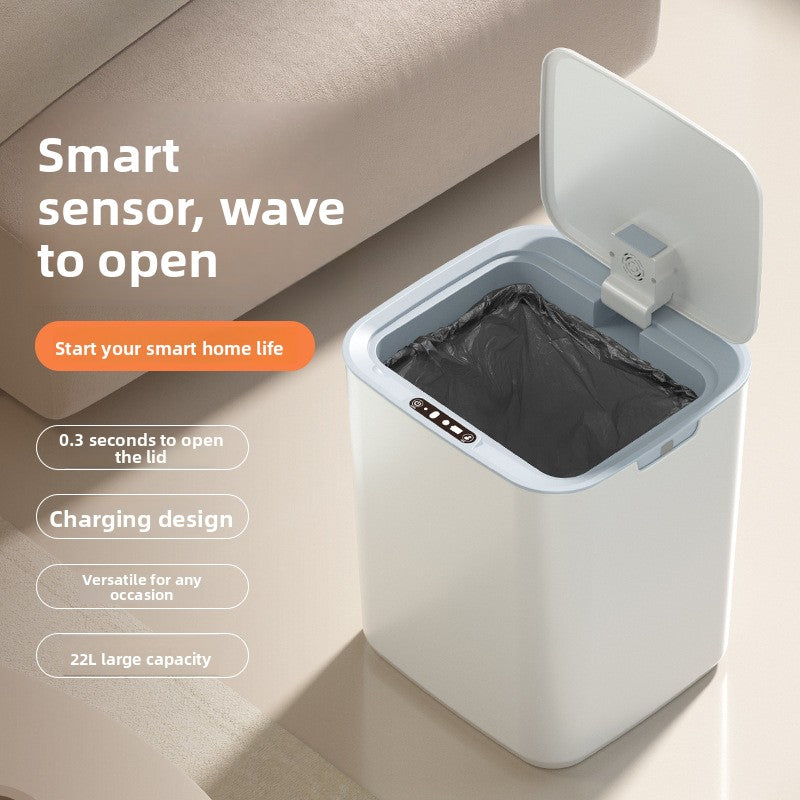 White smart sensor trash can with its lid open and a black bag inside, with callouts for 0.3 second opening and 22L