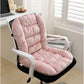 Pink plush flannel one-piece cushion on a white office chair next to a desk