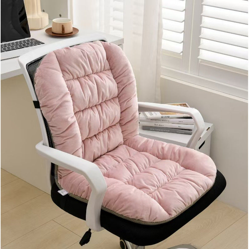 Pink plush flannel one-piece cushion on a white office chair next to a desk