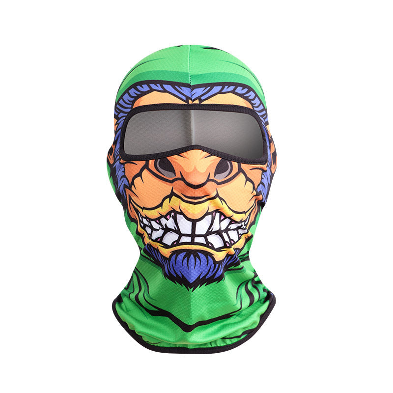 Green Ogre print full-face balaclava with an orange face and a blue beard, summer style, on white