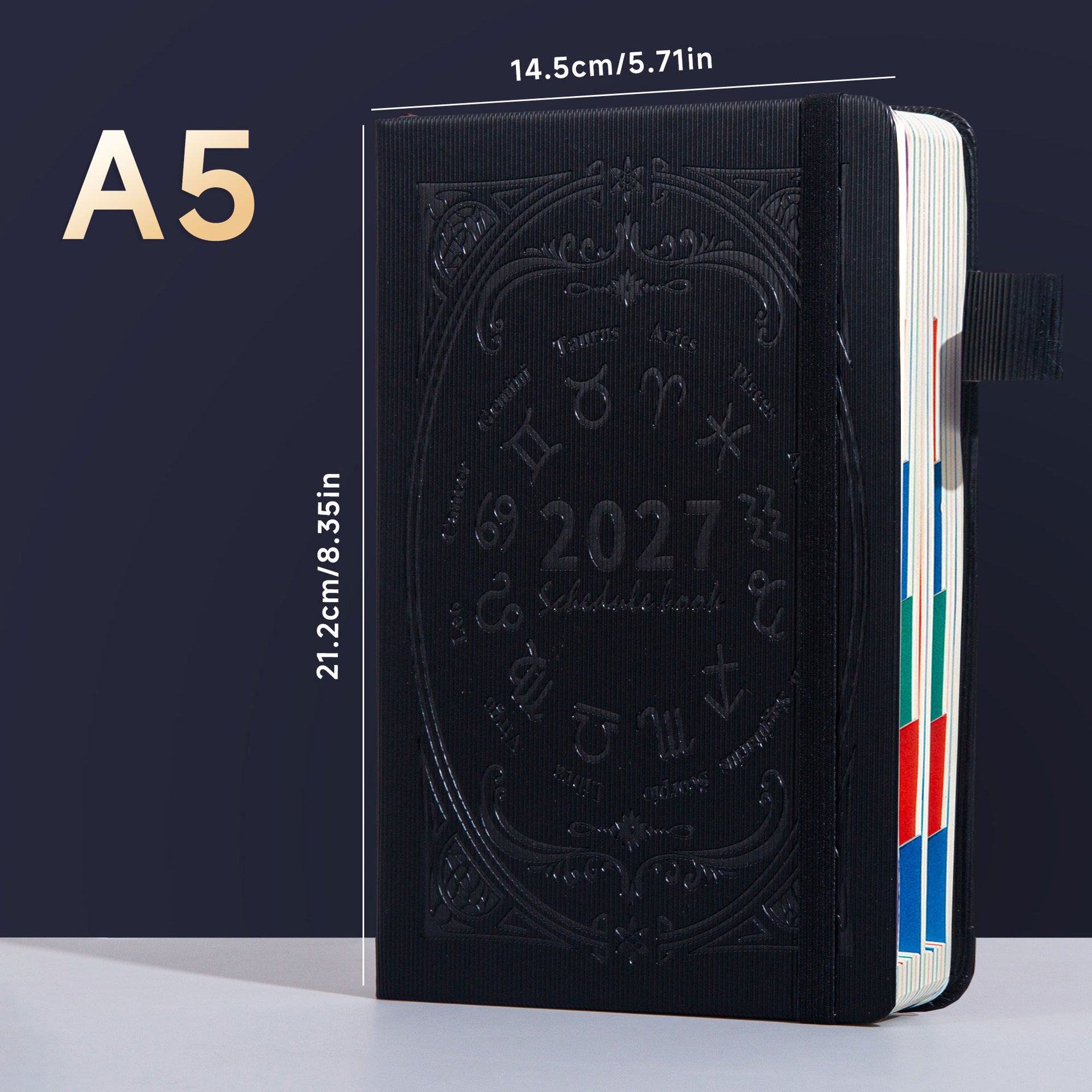 Black A5 zodiac embossed planner notebook standing with elastic band and colored page edges