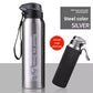 Silver stainless steel insulated bottle with black flip lid and strap next to a black cup sleeve, silver steel color label