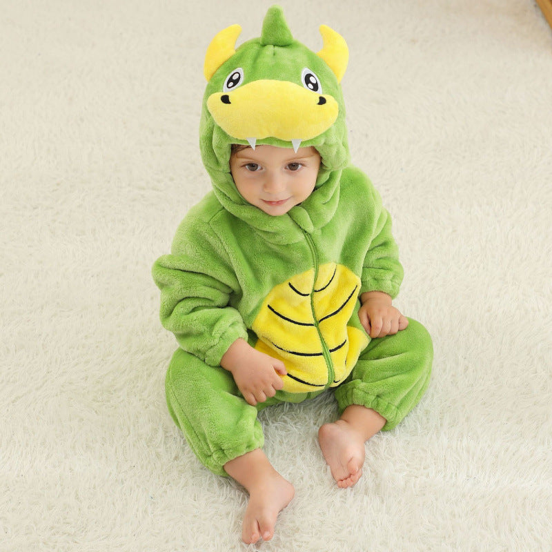 Green dinosaur hooded flannel baby jumpsuit with animal hood and yellow tummy panel, option 80cm