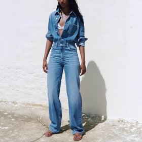 Long Sleeve Washed Denim Jumpsuit