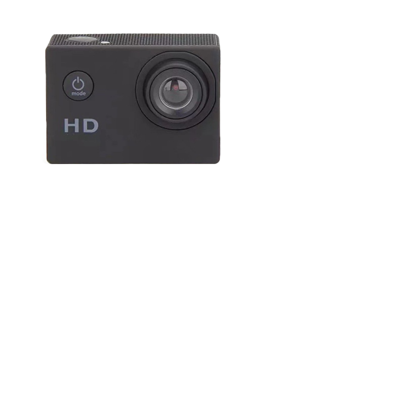 Bare black action camera body with the lens and mode button on white